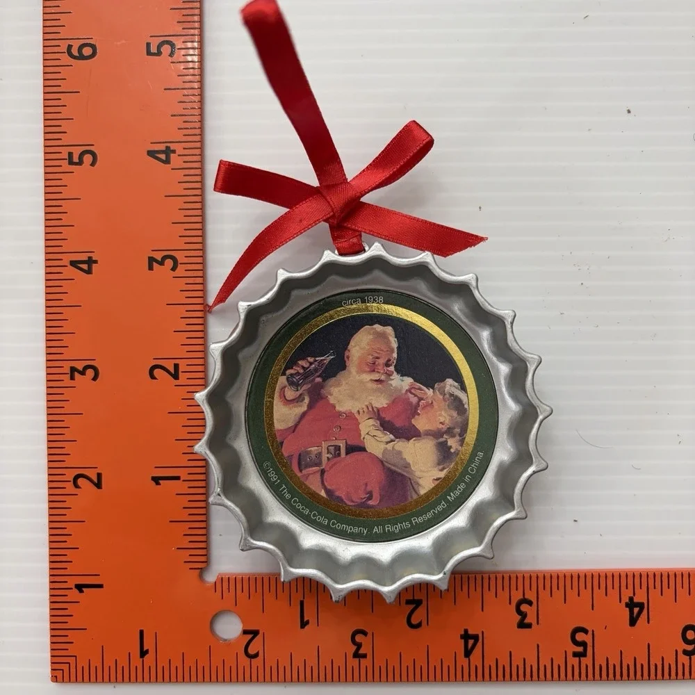 Vintage Coca-Cola Bottle Cap Christmas Tree Ornament 1991 Santa & Child Coke